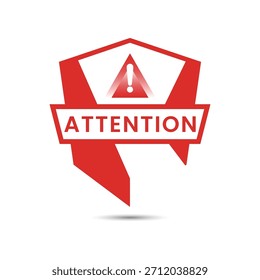Red Attention Banner with Warning Shield Icon and Exclamation Mark Symbol Isolated on White Background