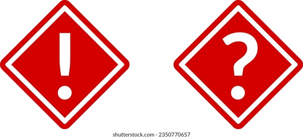 Signo de advertencia de problemas de peligro o de peligro de atención roja con signo de exclamación y signo de interrogación en el conjunto de iconos de etiqueta de marco con forma de diamante. Imagen vectorial.