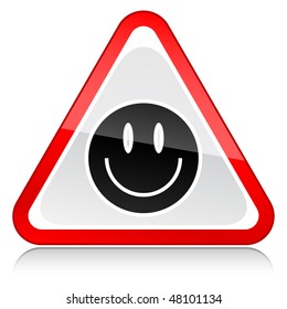 Red attention warning sign with smiley face symbol on white