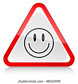 Red attention warning sign with smiley face symbol on white