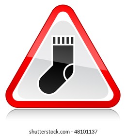 Red attention warning sign with sock symbol on white