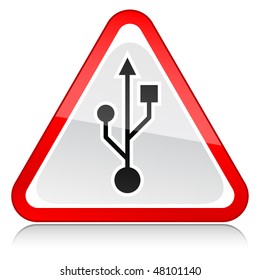 Red attention warning sign with USB symbol on white