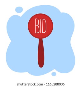 Red auction paddle with word bid on it. Tool for bidder. Isolated vector illustration