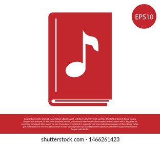 Red Audio book icon isolated on white background. Musical note with book. Audio guide sign. Online learning concept.  Vector Illustration