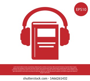 Red Audio book icon isolated on white background. Book with headphones. Audio guide sign. Online learning concept.  Vector Illustration