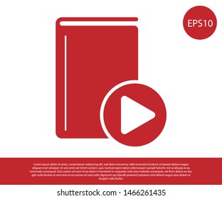 Red Audio book icon isolated on white background. Play button and book. Audio guide sign. Online learning concept.  Vector Illustration