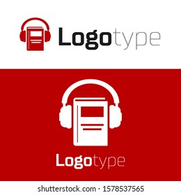 Red Audio book icon isolated on white background. Book with headphones. Audio guide sign. Online learning concept. Logo design template element. Vector Illustration