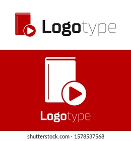 Red Audio book icon isolated on white background. Play button and book. Audio guide sign. Online learning concept. Logo design template element. Vector Illustration