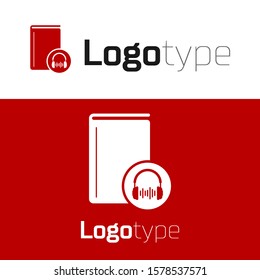 Red Audio book icon isolated on white background. Book with headphones. Audio guide sign. Online learning concept. Logo design template element. Vector Illustration