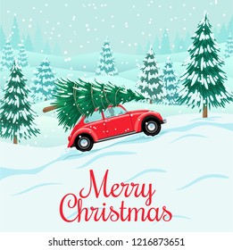 Red auto with christmas tree on roof, snow forest, preparing for celebration of New Year, Christmas, vector illustration in flat style