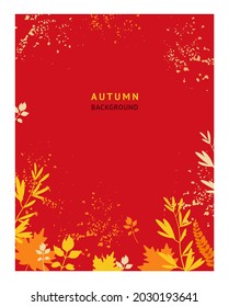 Red autumn abstract background. Frame made from yellow and orange falling leaves. Bright banner, poster, cover design template, social media wallpaper story, autumn sale. Vector illustration