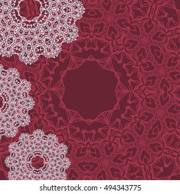 Red autumn background with abstract lace arabesque ornament. Copy Space. Vector illustration eps 8