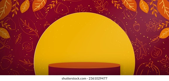 Red Autumn Background. Canopy of leaves and autumn patterned background with a 3d platform mockup framed by an orange circle. Beautiful nature template. Vector Illustration. 