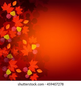 Red autumn background with falling leaves.