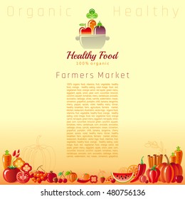 Red autumn farmers market fruit and vegetable vector. Food icons, text lettering cooking pan logo, organic diet icon. Fruits - tangerine, watermelon, cherry, pomegranate. Vegetables - carrot, tomato