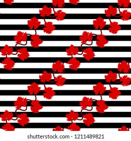 Red autumn grape leaves seamless pattern on black and white striped background
