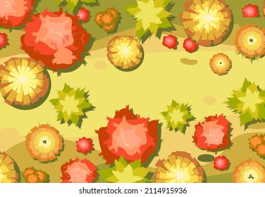 Vista panorámica del Otoño Rojo. Escena con árboles y arbustos amarillos y naranjas de altura. Sobre el campo. Ilustración de estilo de dibujos animados. Vector.