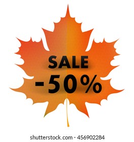 Red autumn maple leaf on a white background with a 50% sale. Concept of autumn 
discounts. Symbol trading in September. Stock vector illustration