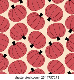 Calabazas rojas del otoño dibujadas a mano Ilustración vectorial. Vegetal sin patrón para la decoración del hogar, Fondo de pantalla o tela. Fondo lindo de Halloween de octubre