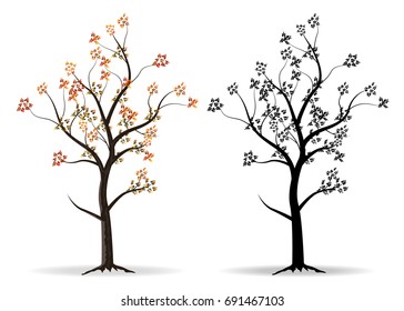 red autumn and silhouettes tree isolated on white background, vector illustration