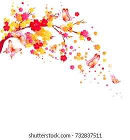 red autumn,flowers tree , on a white