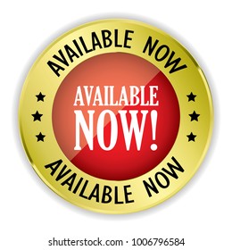Red available now badge with gold border on white background.vector illustration