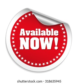 Red Available Now Sticker With Silver Peel On White Background