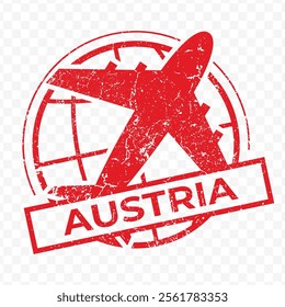 Red aviation stamp of the country of Austria. Vector illustration with grunge effect on transparent background (PNG).