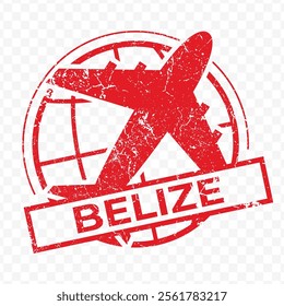 Red aviation stamp of the country of Belize. Vector illustration with grunge effect on transparent background (PNG).