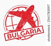 Red aviation stamp of the country of Bulgaria. Vector illustration with grunge effect on transparent background (PNG).