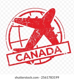 Red aviation stamp of the country of Canada. Vector illustration with grunge effect on transparent background (PNG).