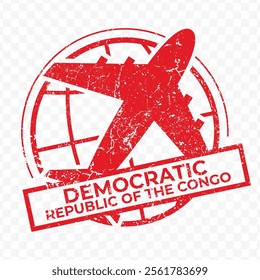 Red aviation stamp of the country of Democratic Republic of the Congo. Vector illustration with grunge effect on transparent background (PNG).