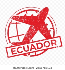 Red aviation stamp of the country of Ecuador. Vector illustration with grunge effect on transparent background (PNG).