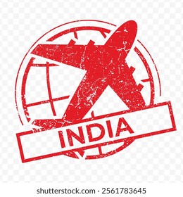 Red aviation stamp of the country of India. Vector illustration with grunge effect on transparent background (PNG).