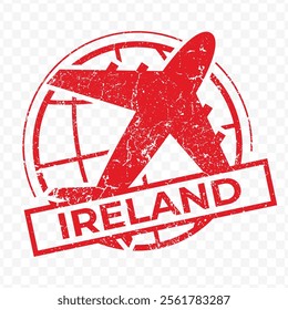 Red aviation stamp of the country of Ireland. Vector illustration with grunge effect on transparent background (PNG).