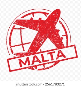 Red aviation stamp of the country of Malta. Vector illustration with grunge effect on transparent background (PNG).