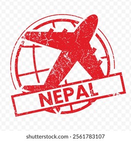 Red aviation stamp of the country of Nepal. Vector illustration with grunge effect on transparent background (PNG).