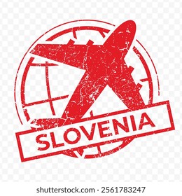 Red aviation stamp of the country of Slovenia. Vector illustration with grunge effect on transparent background (PNG).