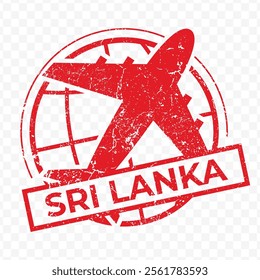 Red aviation stamp of the country of Sri Lanka. Vector illustration with grunge effect on transparent background (PNG).