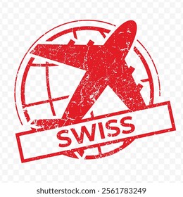 Red aviation stamp of the country of Switzerland. Vector illustration with grunge effect on transparent background (PNG).