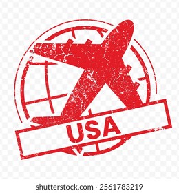 Red aviation stamp of the country of United States of America. Vector illustration with grunge effect on transparent background (PNG).