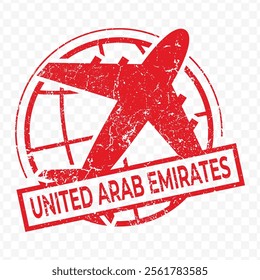 Red aviation stamp of the country of United Arab Emirates. Vector illustration with grunge effect on transparent background (PNG).