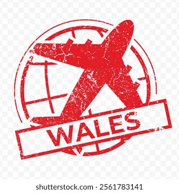 Red aviation stamp of the country of Wales. Vector illustration with grunge effect on transparent background (PNG).