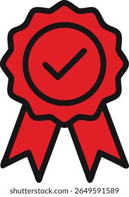 Red award badge icon with checkmark symbol representing verified quality, official certification, approved status, or trusted guarantee for business, education, or product branding use.