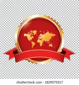 red award banner with gold world map and ribbon on transparent background