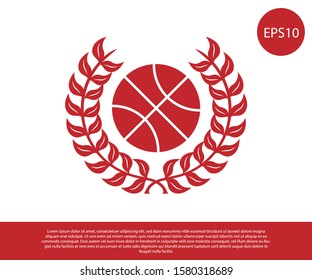 Red Award with basketball ball icon isolated on white background. Laurel wreath. Winner trophy. Championship or competition trophy.  Vector Illustration
