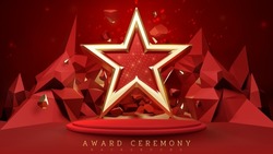 Red Award Ceremony Background With 3d Luxury Gold Star And Product Display Podium Elements With Glitter Light Effect Decoration And Bokeh.