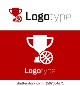 Red Award cup with basketball ball icon isolated on white background. Winner trophy symbol. Championship or competition trophy. Logo design template element. Vector Illustration