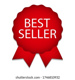 Red Award Medal with ribbons, Banner. Vector Illustration. Best seller.