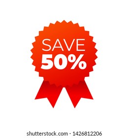 Red award medals symbol on white background, save 50 percent - Vector Illustration